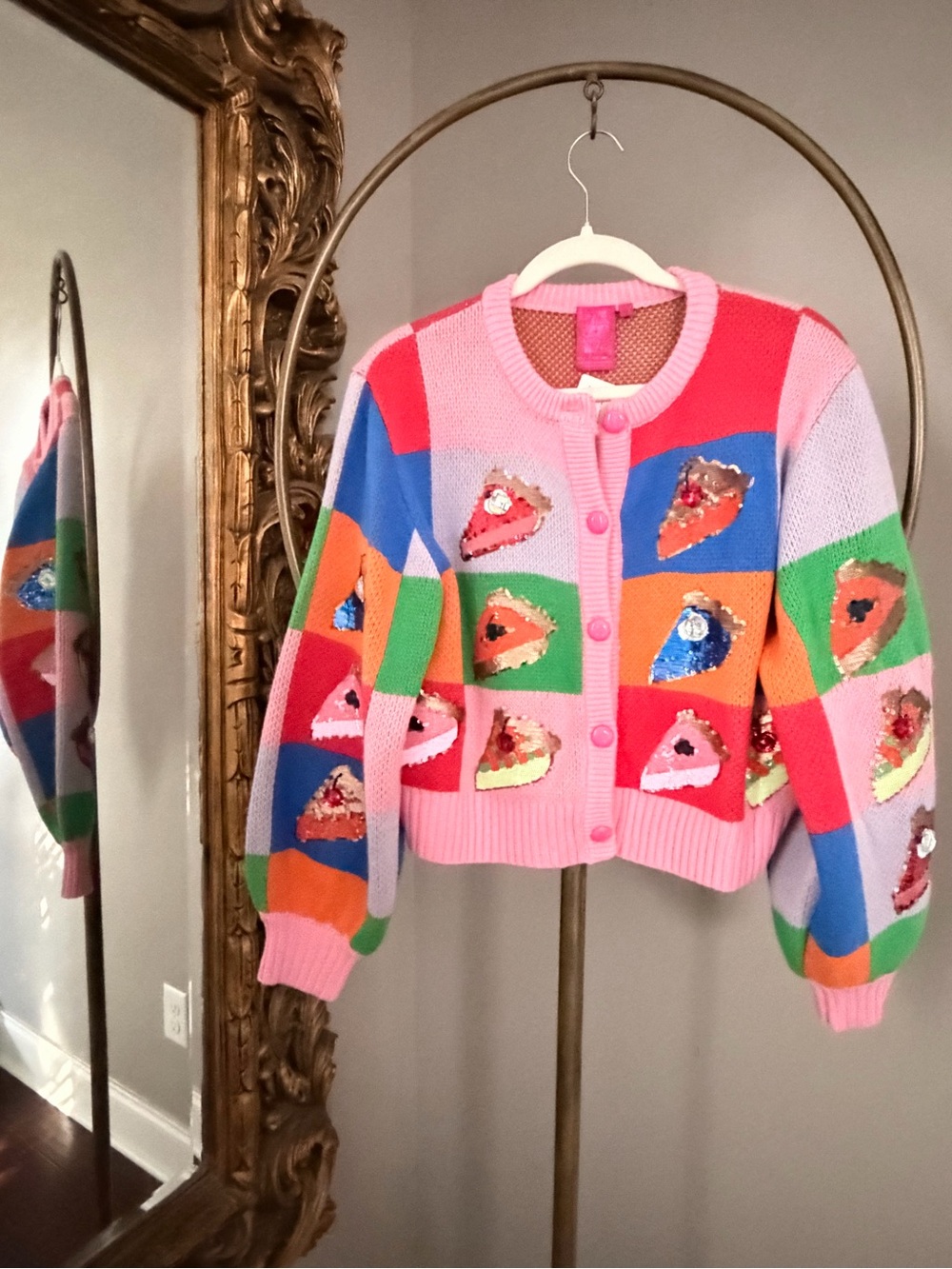 QUEEN OF SPARKLES Pink Multi Patchwork Pie Sequin Cardigan NWT